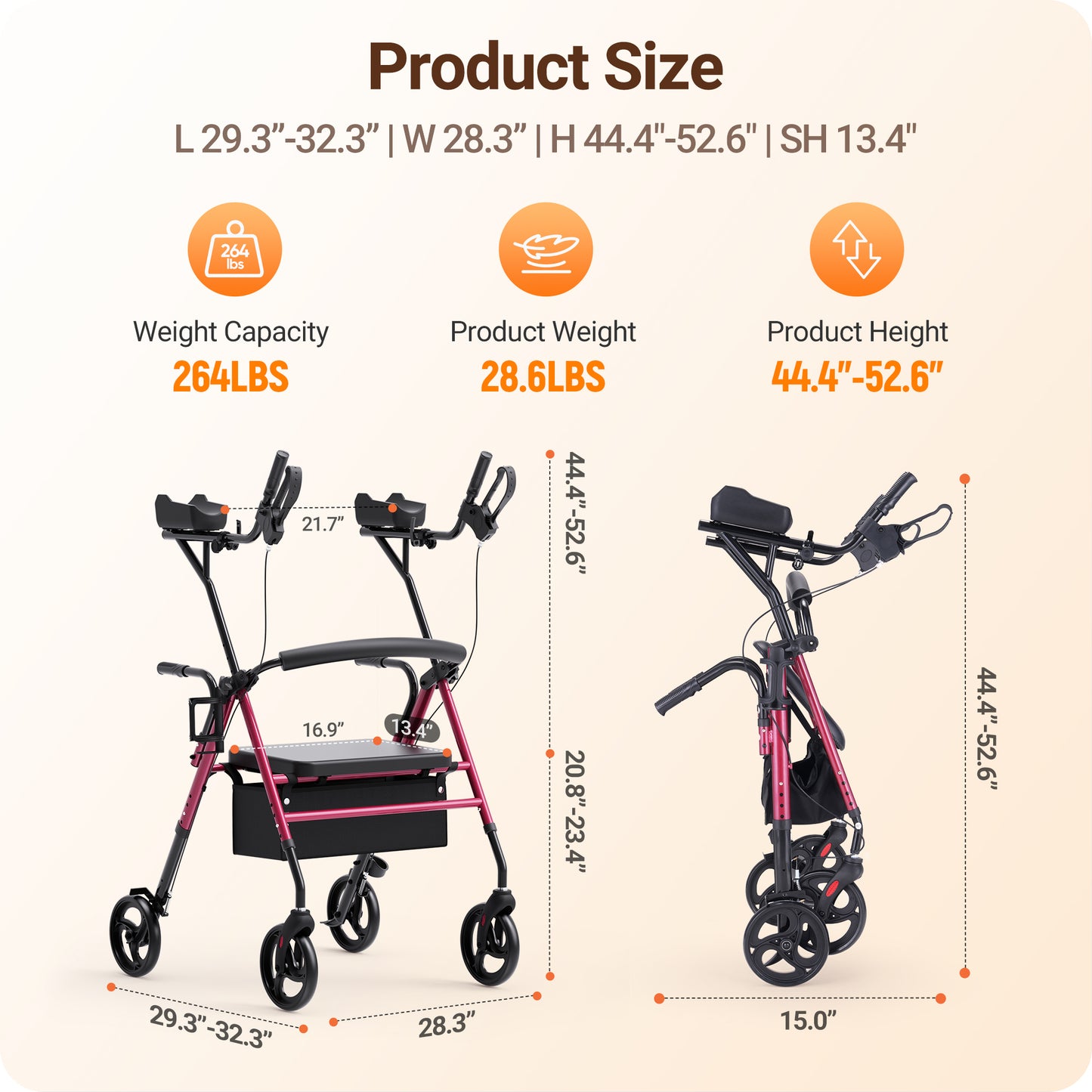 Verpal Dual-Use Upright Rollator Walker with Seat C1334A