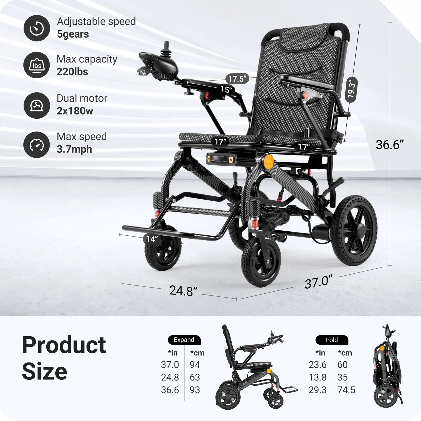 Verpal E100Y electric wheelchair dimensions and specifications with dual motor and 220 lbs capacity