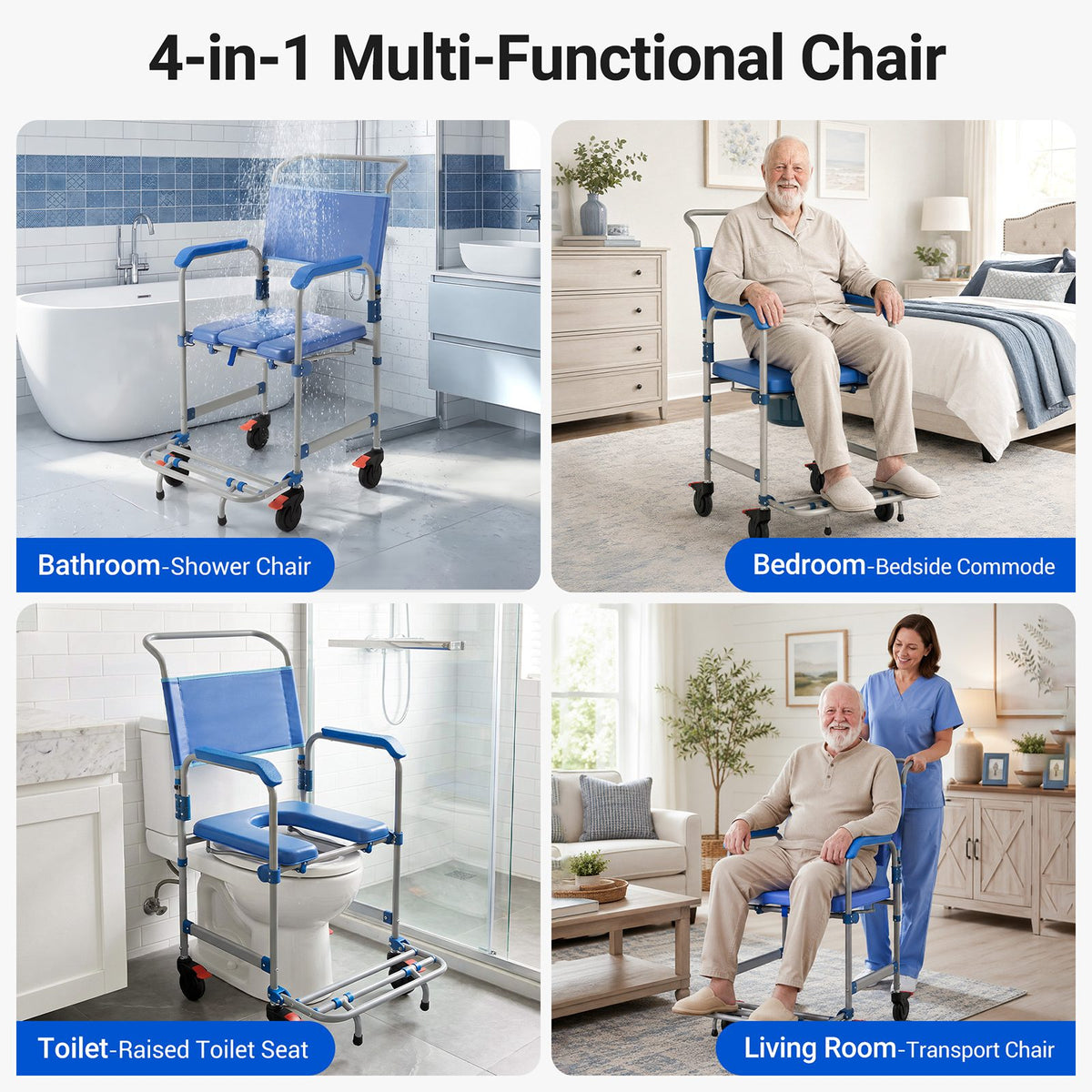 Adjustable height transfer chair for safer bathroom bedside wheelchair and home mobility transfers