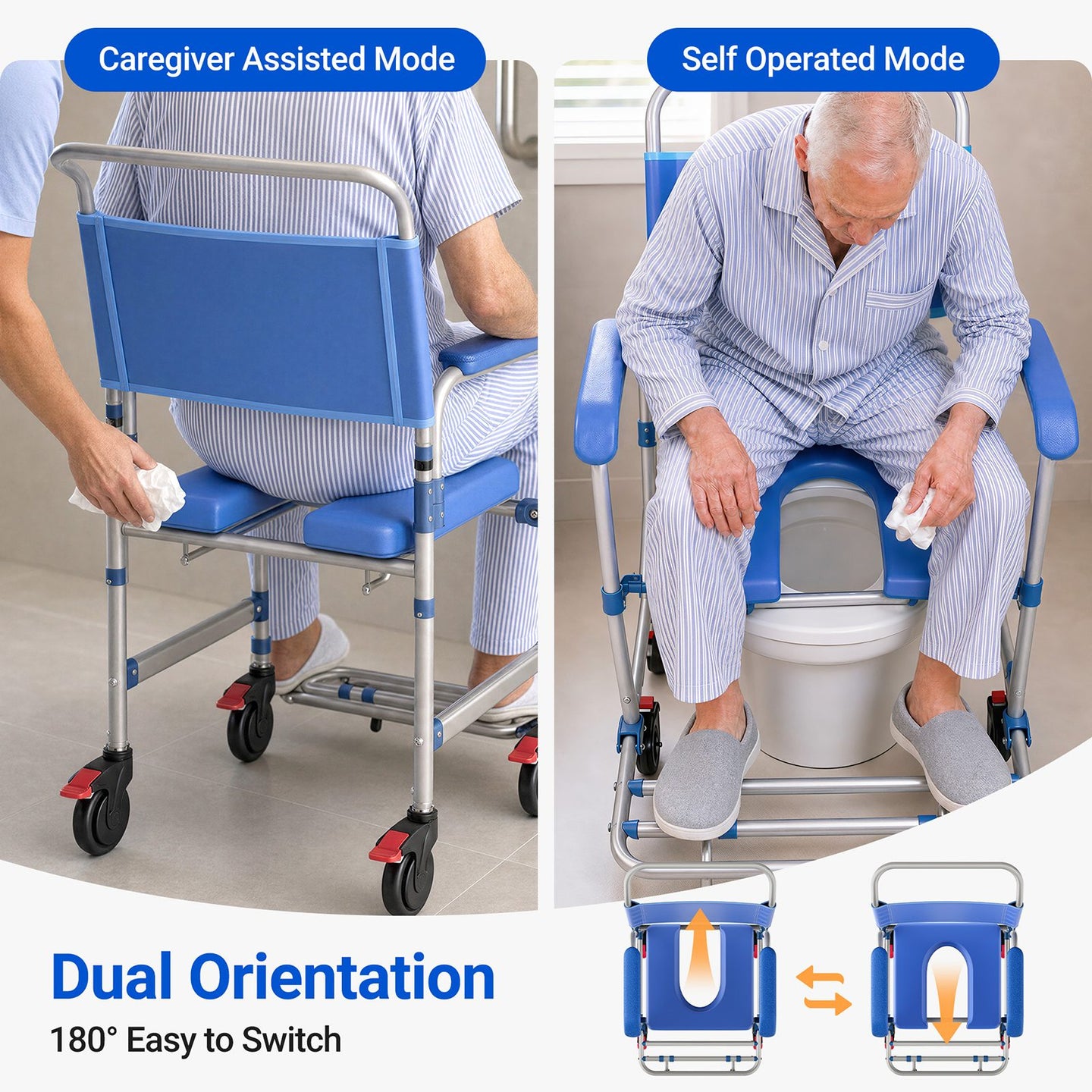 Verpal 4-in-1 shower commode wheelchair with dual-use design for independent toileting and caregiver-assisted bathroom support