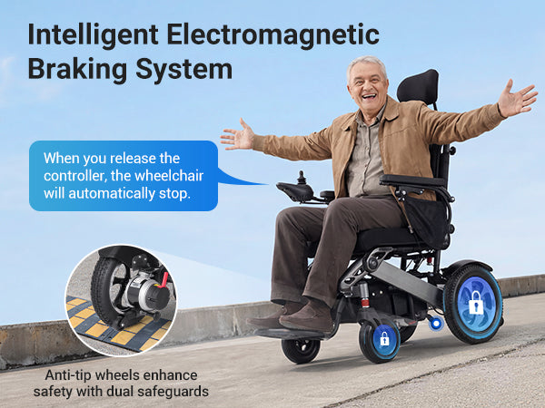 Verpal YL9003 electric wheelchair with automatic braking system, anti-tip wheels, and safe slope control for seniors and caregivers
