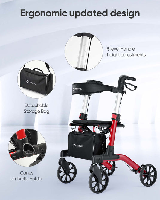 VERPAL Foldable Rolling Walker for All Terrain YC313A—【Ergonomic Seat and Backrest,Lightweight Walkers】