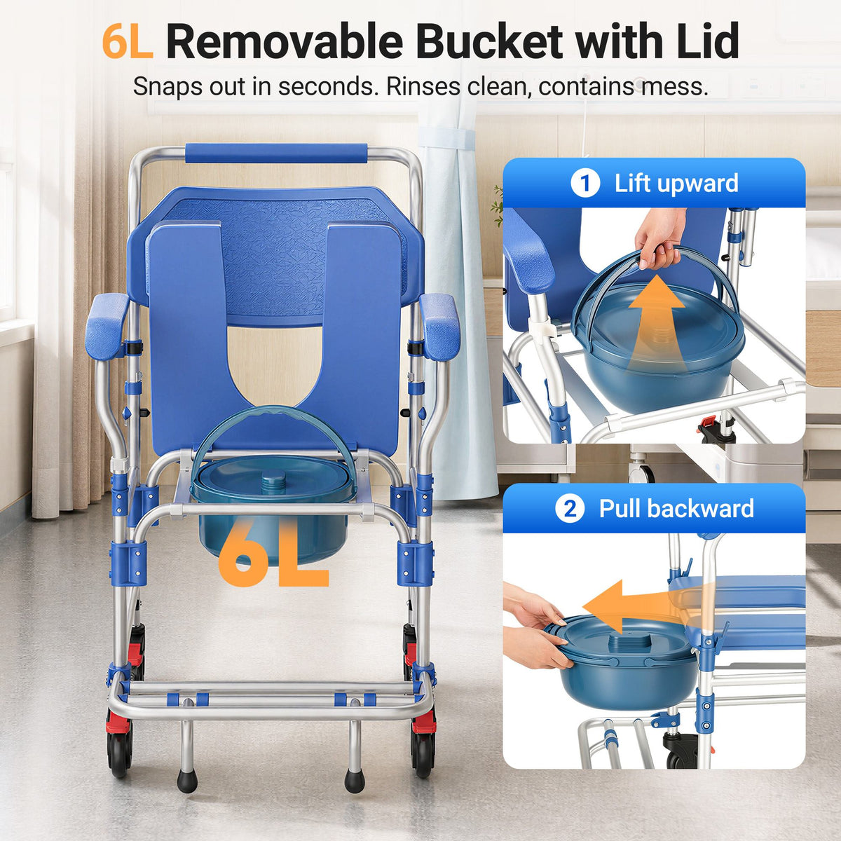 Verpal shower commode chair with 6L removable bucket and lid for easy toileting and cleanup