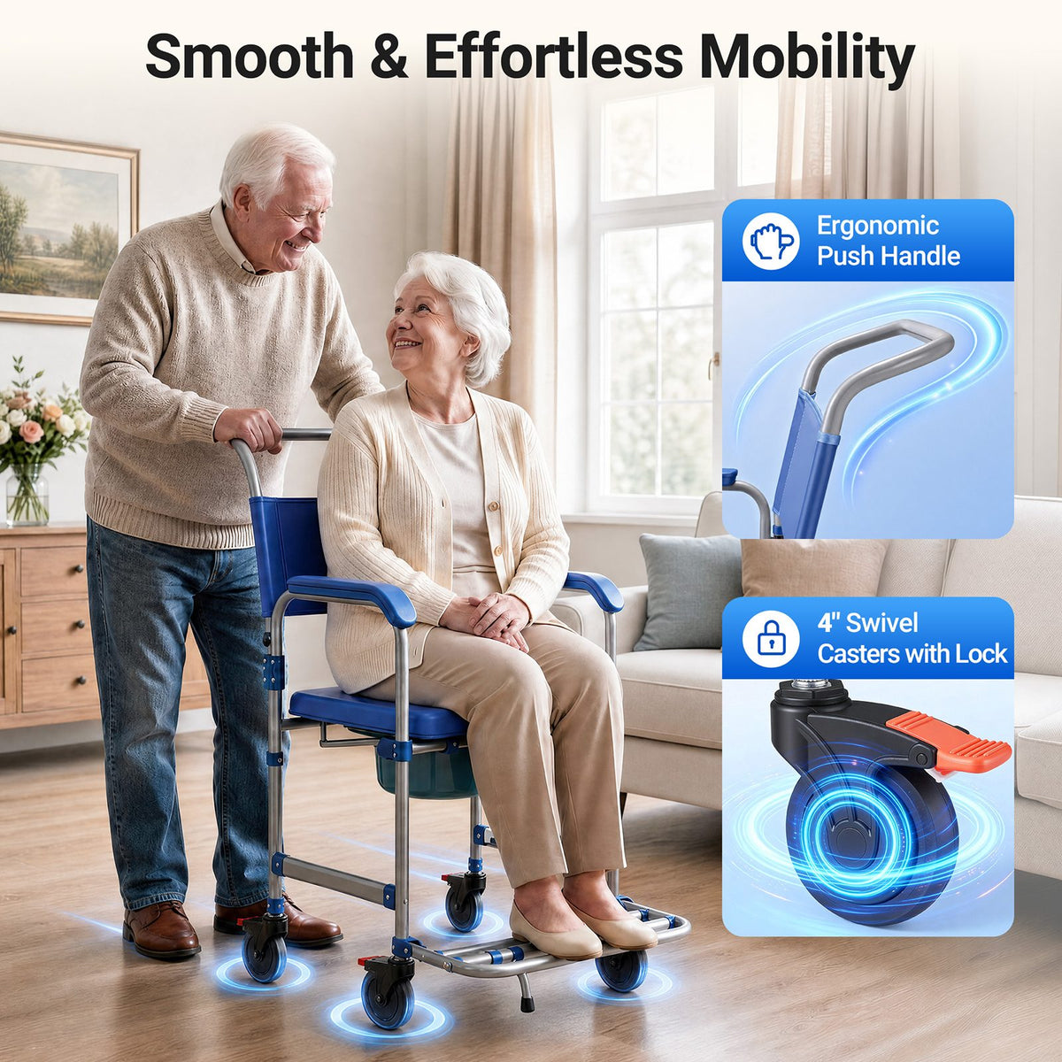Verpal rolling shower commode wheelchair for seniors with ergonomic handle and lockable caster wheels