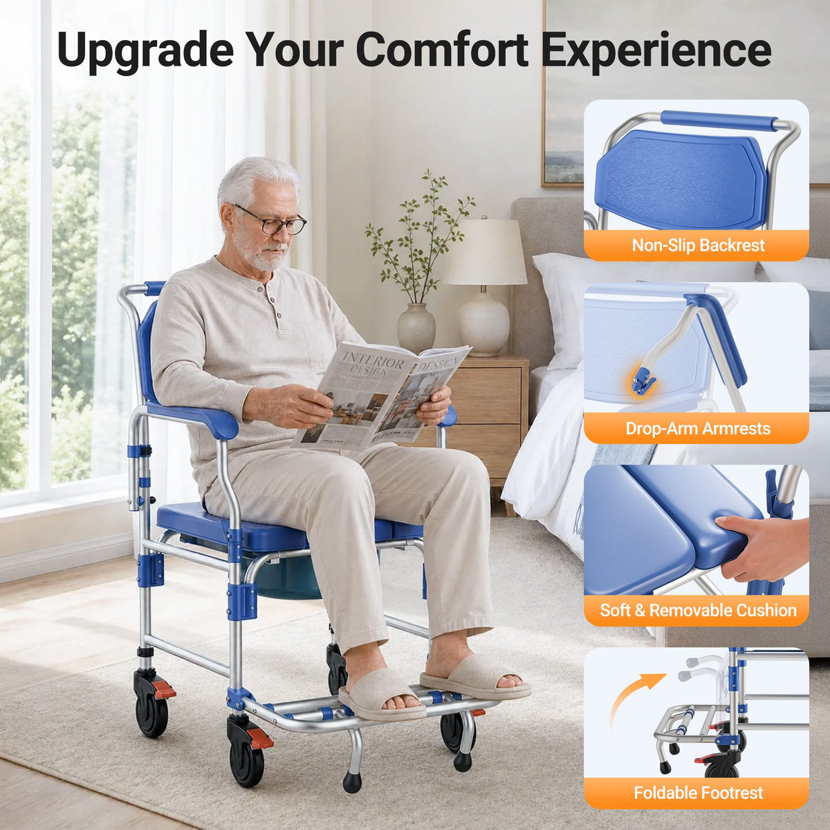 Verpal wide comfort transfer chair seat with high density foam and foldable armrests for seniors and daily mobility assistance