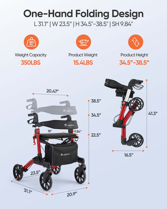 VERPAL Foldable Rolling Walker for All Terrain YC313A—【Ergonomic Seat and Backrest,Lightweight Walkers】