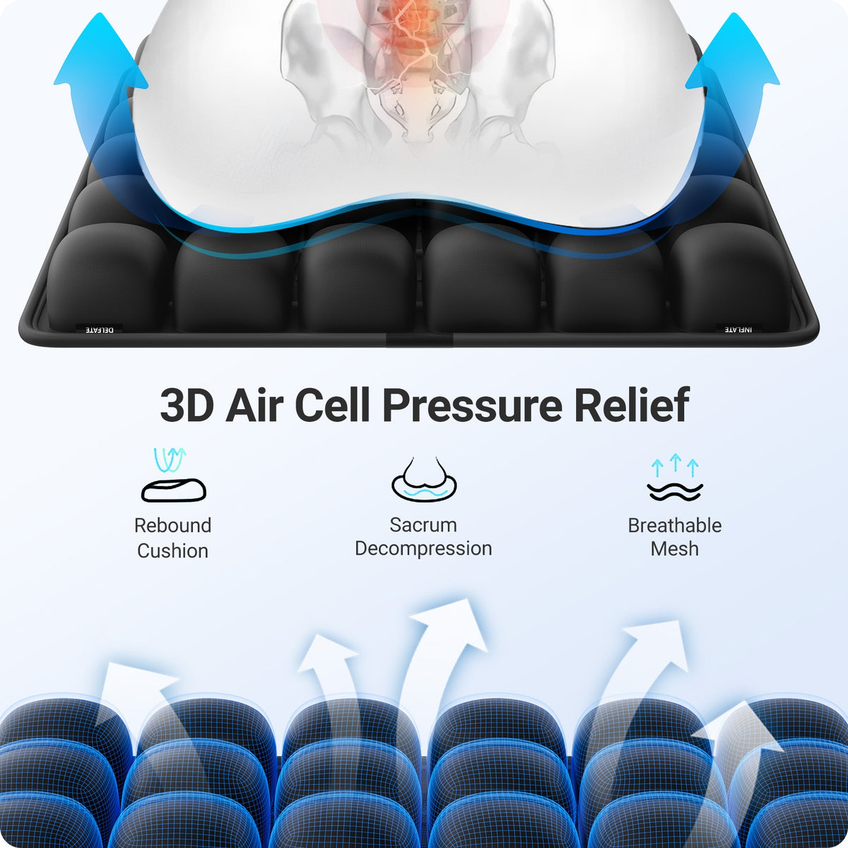 Verpal pressure relief seat cushion with 3D air cells designed for long sitting, breathable and adaptive support for wheelchair, office chair, and car use