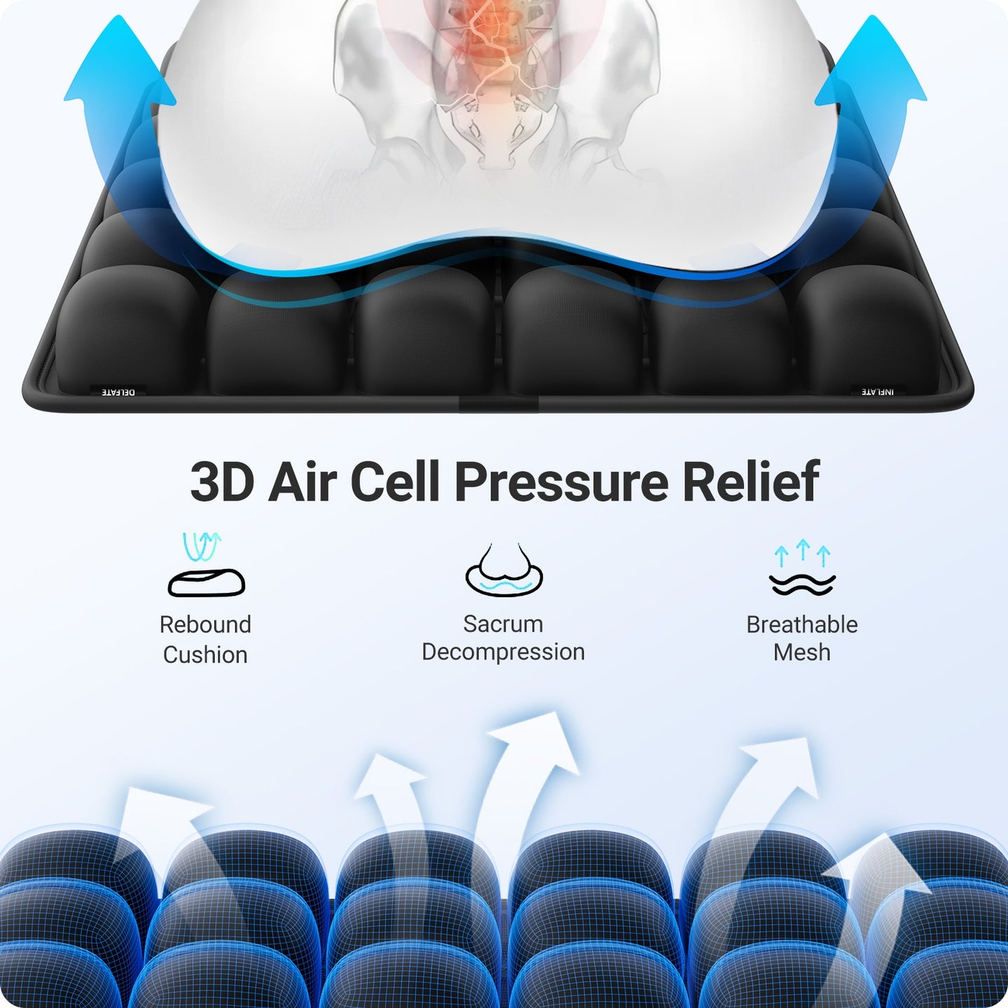 Verpal pressure relief seat cushion with 3D air cells designed for long sitting, breathable and adaptive support for wheelchair, office chair, and car use