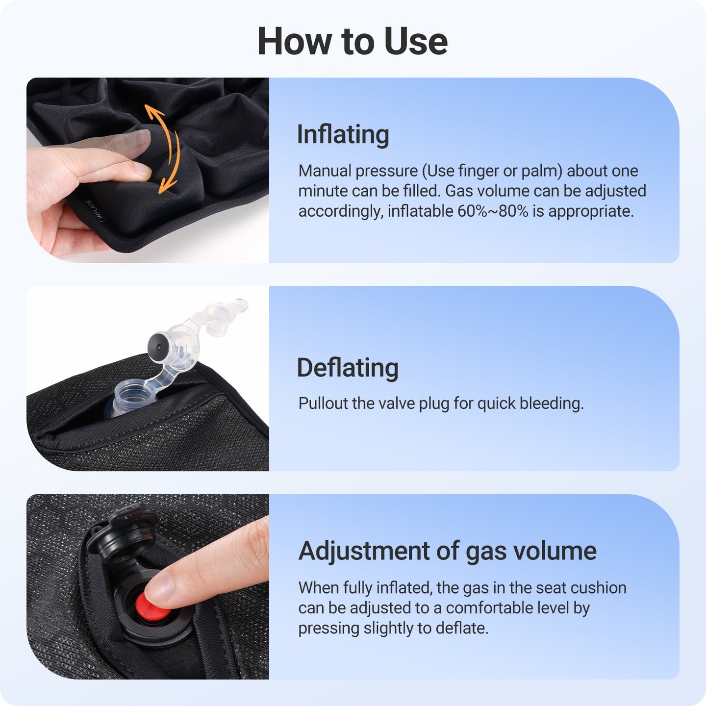 Verpal seat cushion with built in pump for easy inflation, adjustable firmness and quick air release system