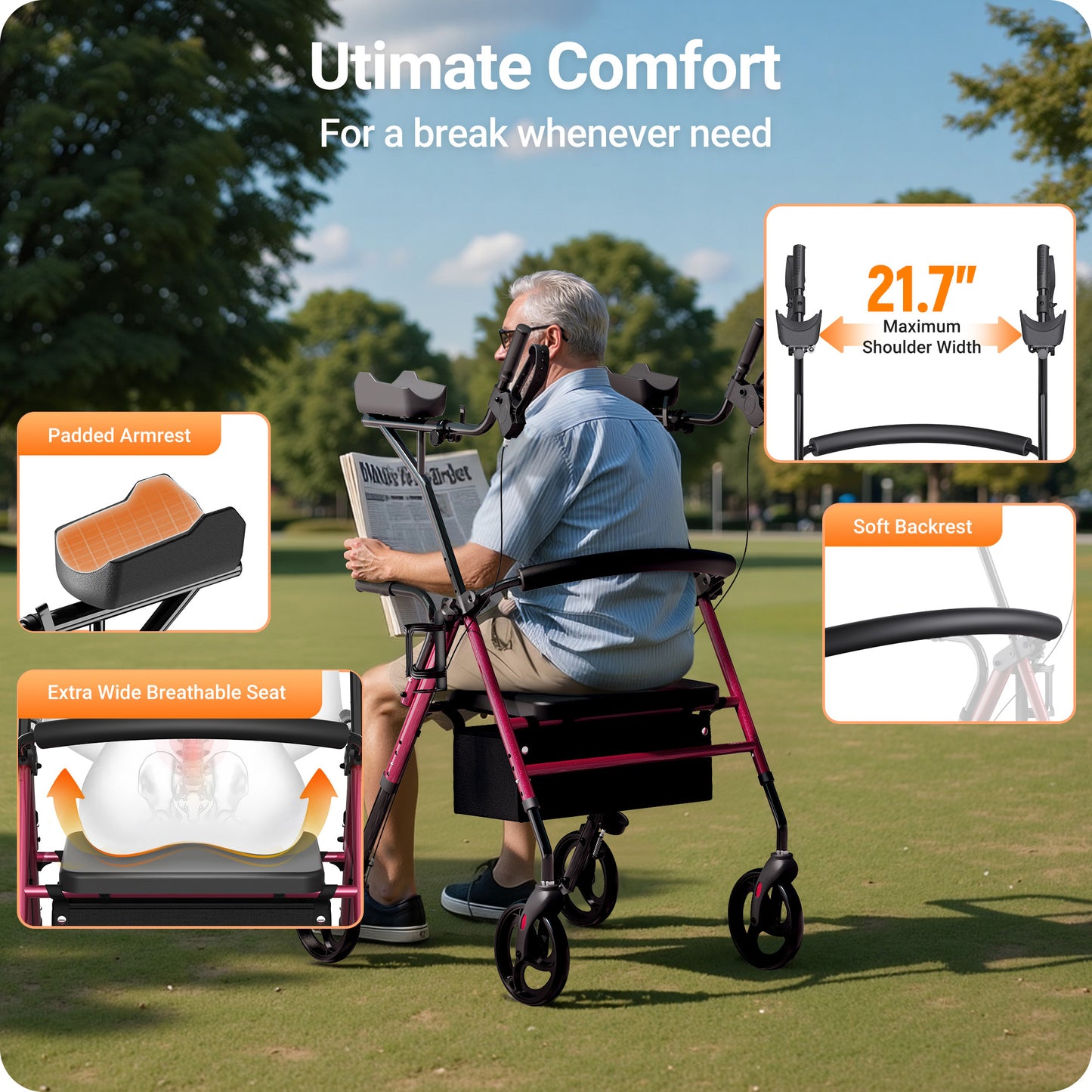 Verpal Dual-Use Upright Rollator Walker with Seat C1334A