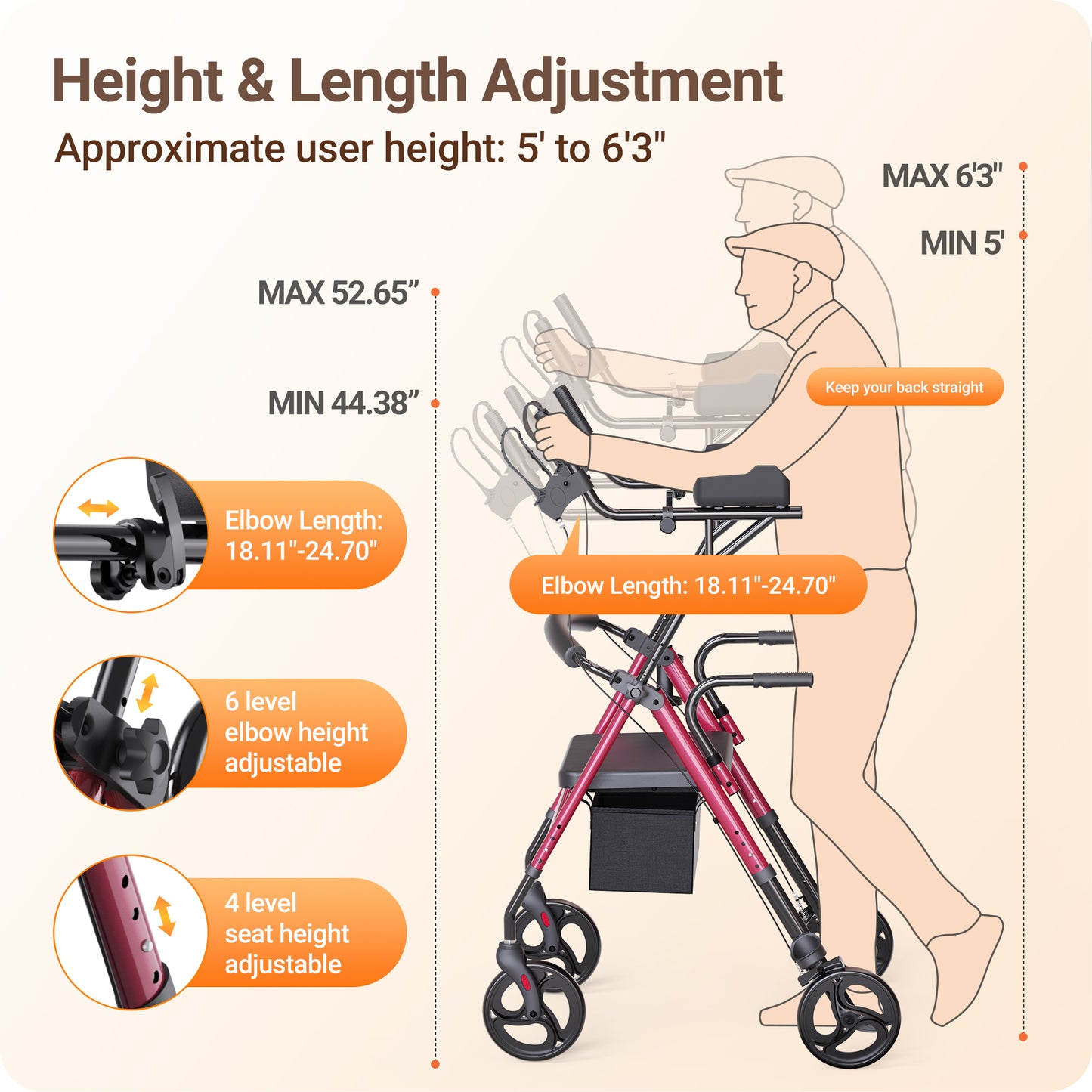 Verpal Dual-Use Upright Rollator Walker with Seat C1334A