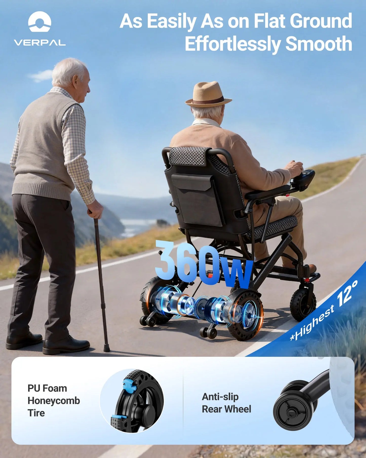 Verpal Wide-Seat Comfort Fast-Fold Electric Wheelchair Capacity  12AH 18.5" Seat -  K04 Verpal