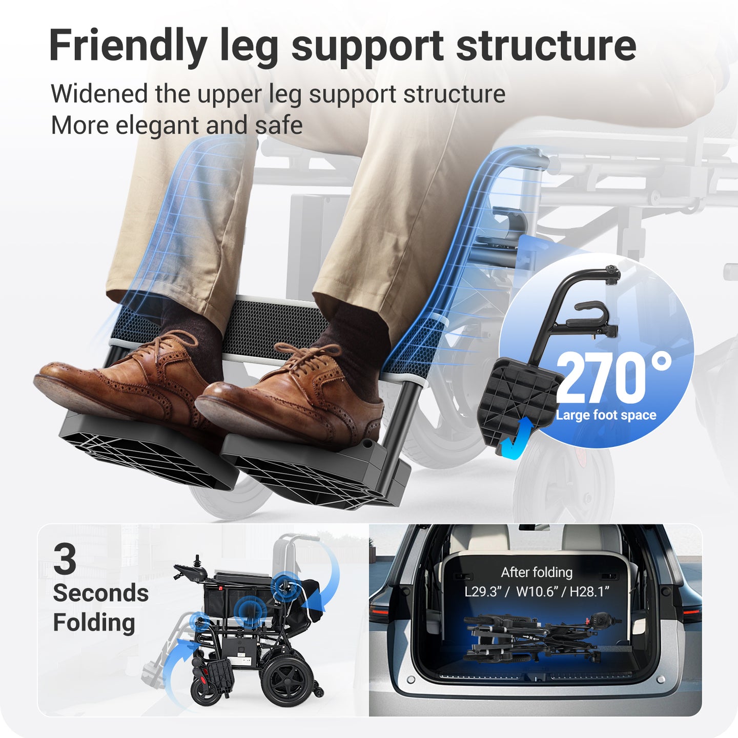 Verpal Kr8810 electric wheelchair with swing-away footrests for easy access, foldable design fits in car trunk, convenient for seniors and caregivers