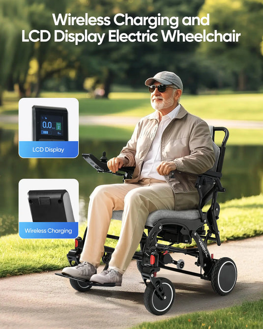 VERPAL Wireless Charging and LCD Display  Electric Wheelchair DC01 — 【43lbs, Lightweight Carbon Fiber,20 Miles Long Range,All Terrain,Portable,Airline Approved】