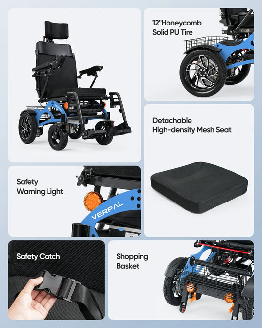 VERPAL Reclining Foldable Electric Wheelchairs D08—【Longest Range 15 Miles,Airline Approved,Dual 10AH Lithium Batteries,500W Motor】