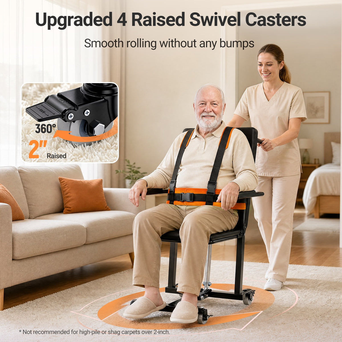 Transfer chair with 360 swivel casters for easier caregiver assisted room to room mobility